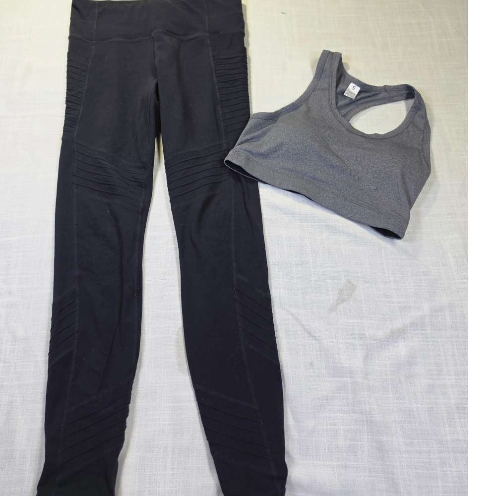 Athleta Moto Leggings Black High Rise Side Pockets & Gray Sports Bra Set Small